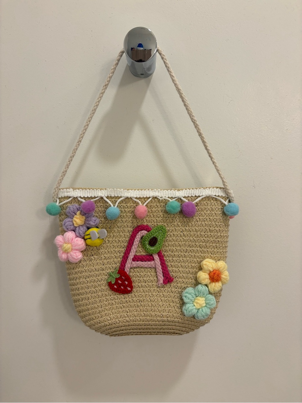 Girls Bag A Initial Pom Pom Floral Bee Purse Zipper
